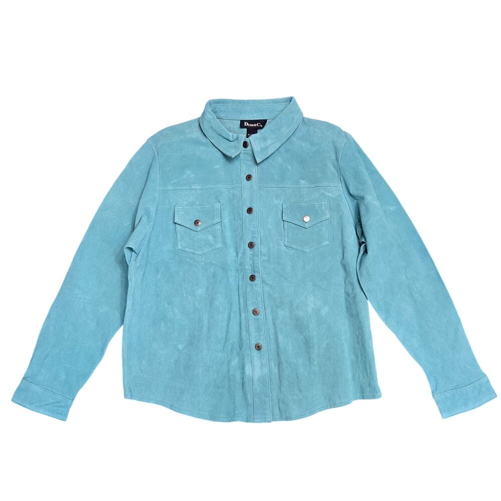 New Denim & Co. Button Snap Jacket Women's 100% Leather Long Sleeve Snap Blue XL